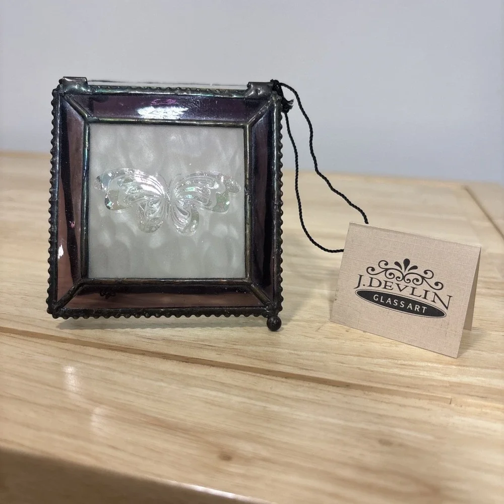 J. Devlin Glass Art Iridescent Clear Purple Glass Butterfly Footed Trinket Box